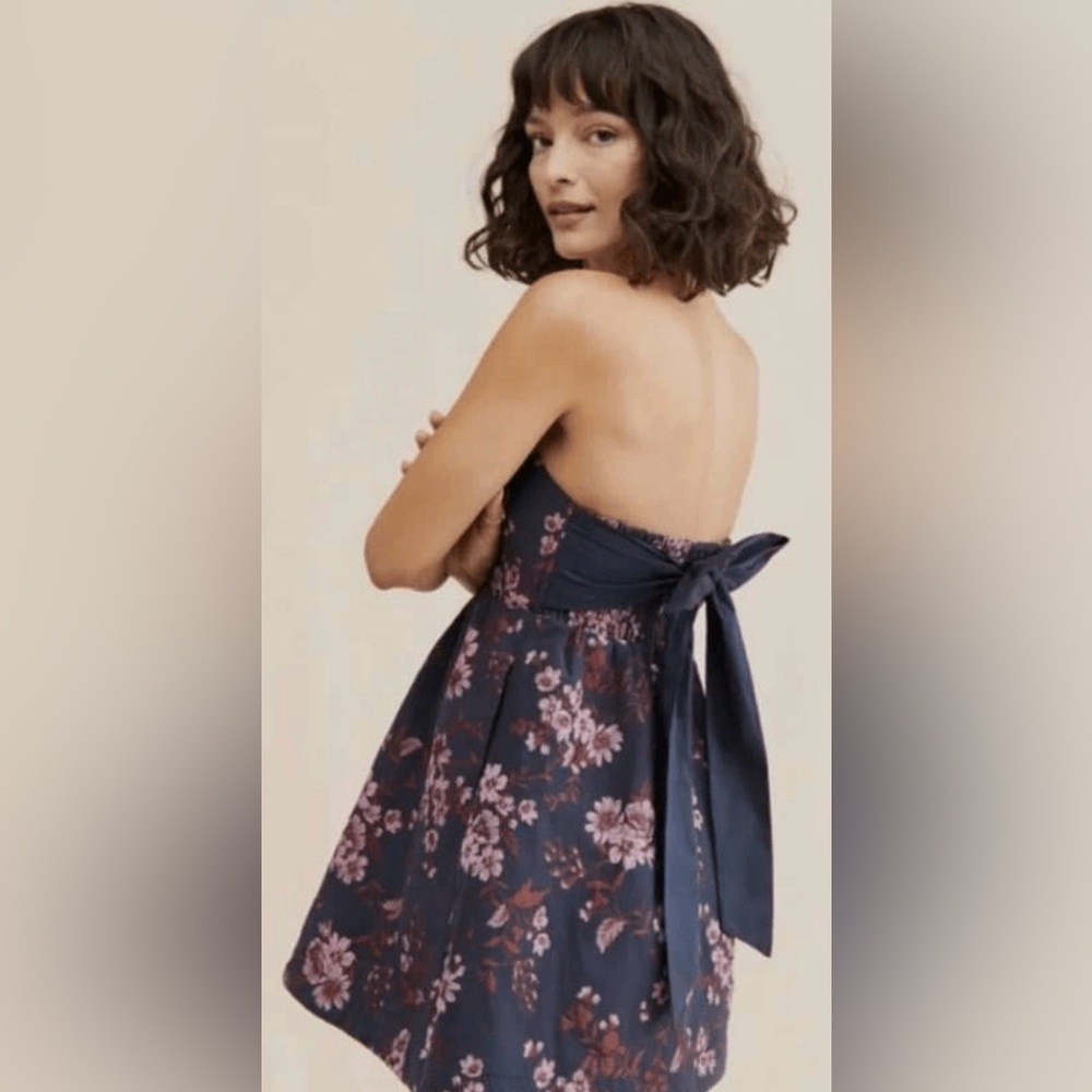 Free People Navy Floral Strapless Tie-Back Dress